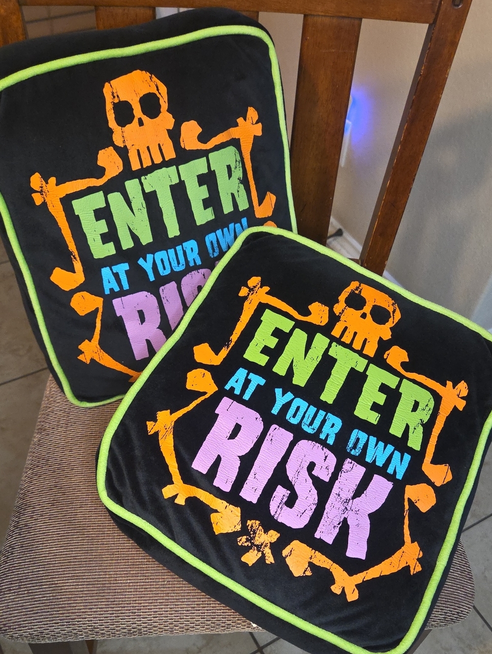 ENTER AT YOUR OWN RISK ~ Set of 2 Halloween Decor Toss Pillows ~ PRE-Owned